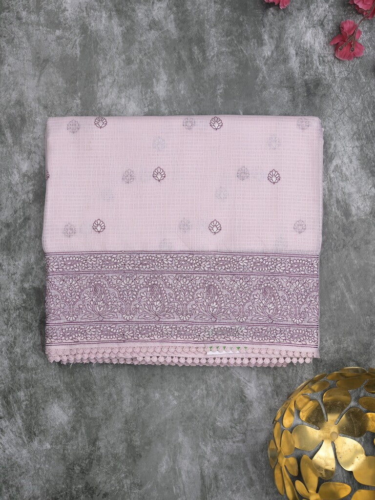 Kota fancy saree pastel light purple color allover embroidery & fancy border with running pallu and attached self blouse