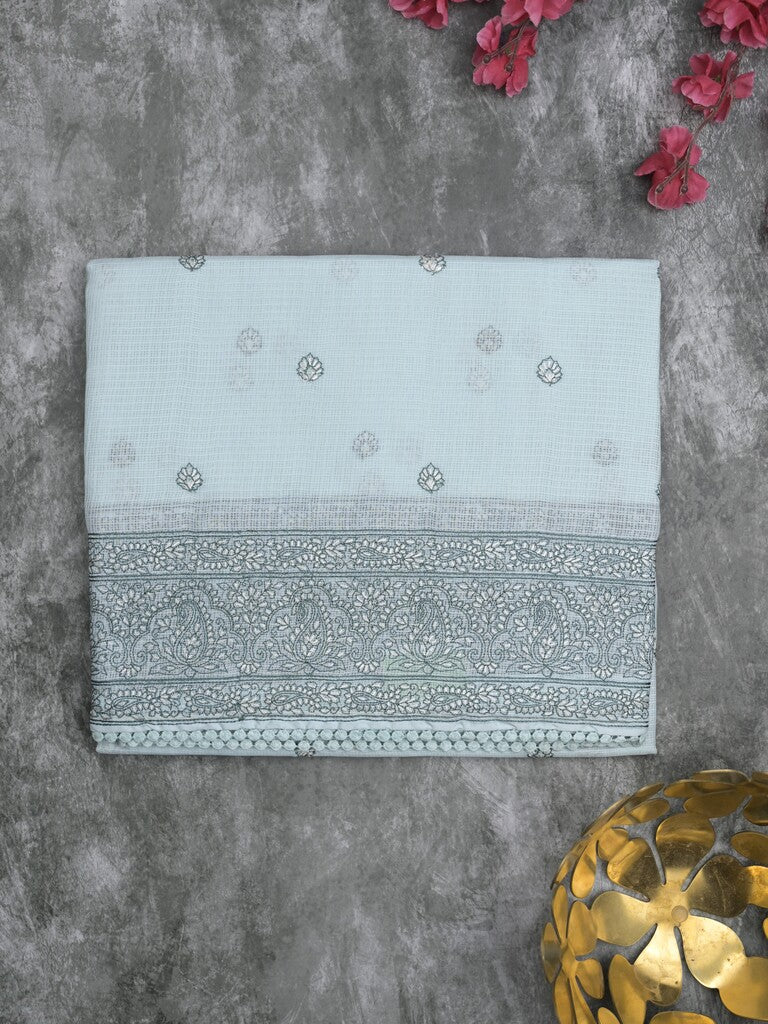 Kota fancy saree light blue color allover embroidery & fancy border with running pallu and attached self blouse