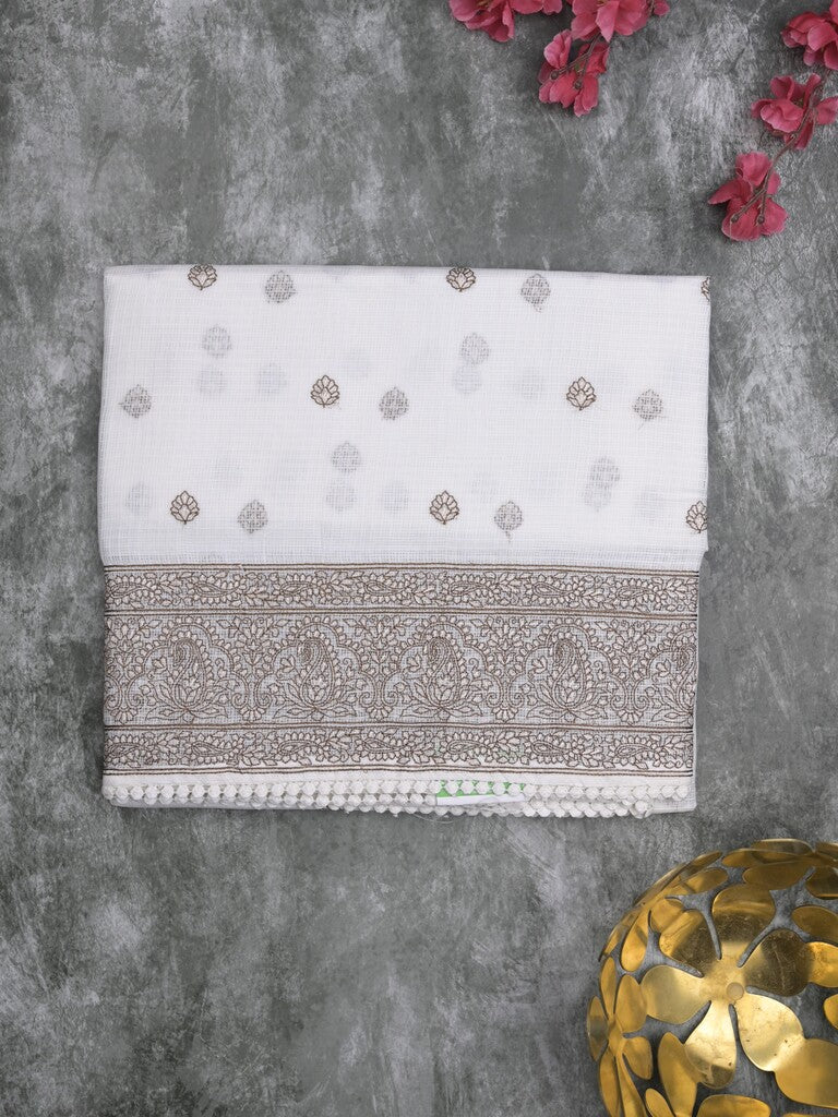 Kota fancy saree white color allover embroidery & fancy border with running pallu and attached self blouse