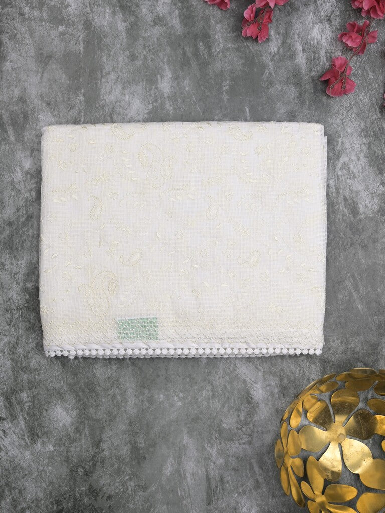 Kota fancy saree white color allover embroidery & fancy border with running pallu and attached plain blouse