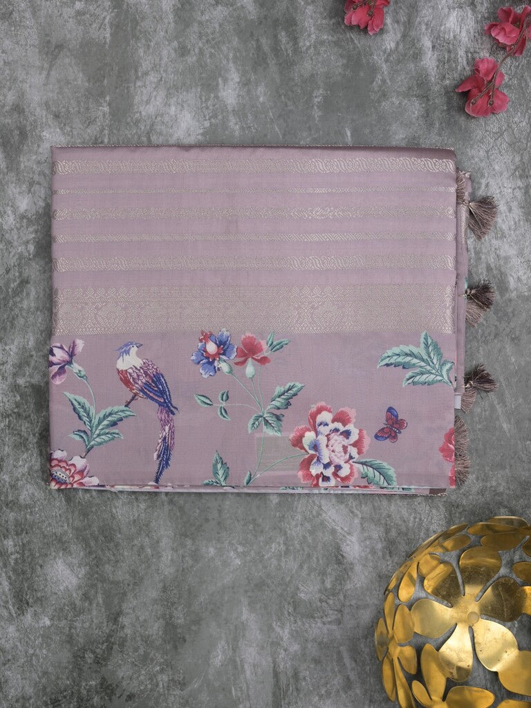 Dupion fancy saree light purple color allover stripes & printed border with printed pallu and printed blouse