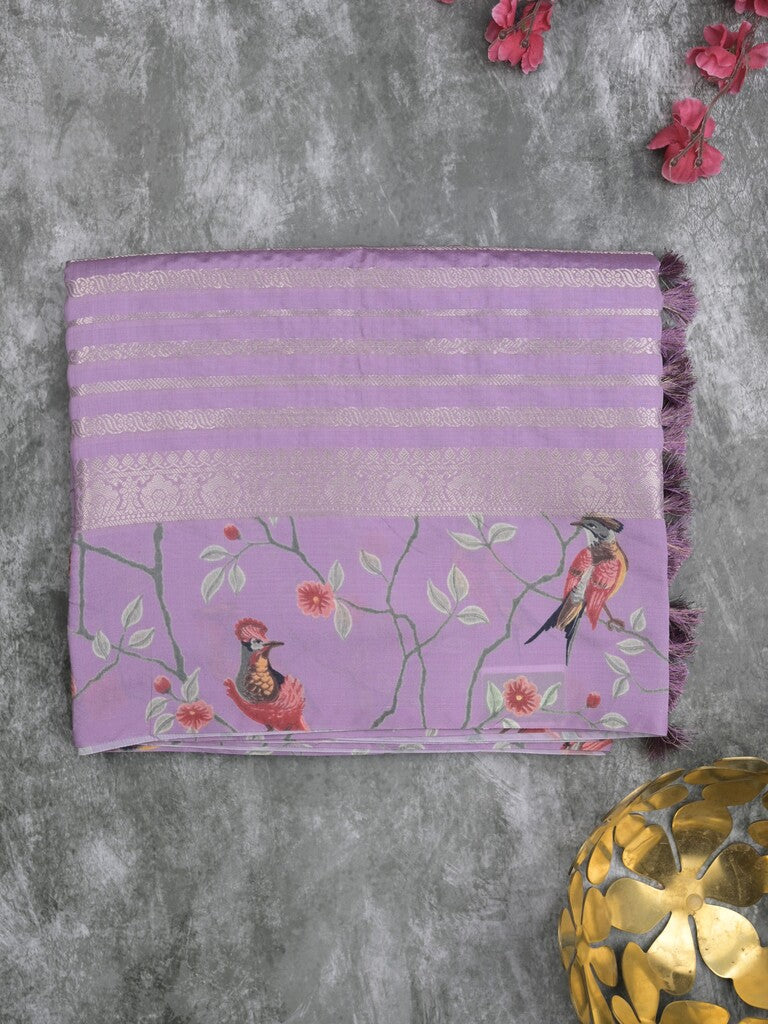 Dupion fancy saree purple color allover stripes & printed border with printed pallu and printed blouse