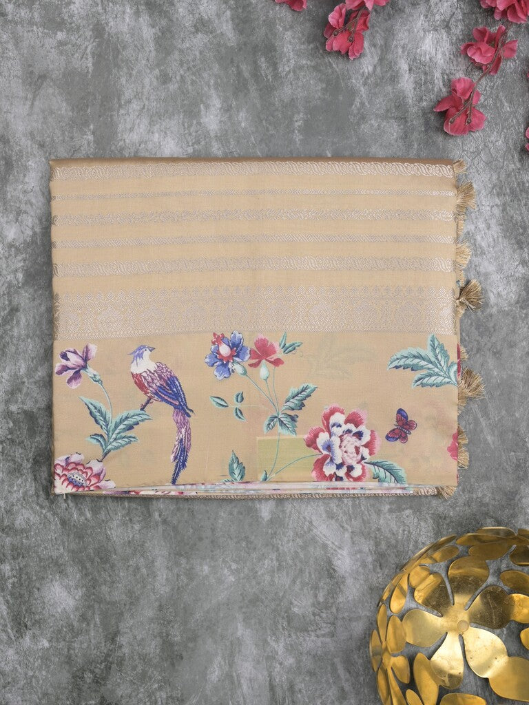 Dupion fancy saree beige color allover stripes & printed border with printed pallu and printed blouse