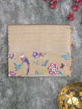 Dupion fancy saree beige color allover stripes & printed border with printed pallu and printed blouse