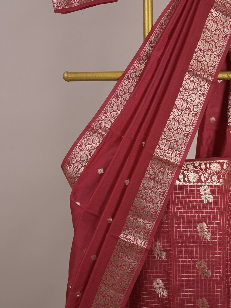 Chiniya silk lehenga set with blouse & dupatta | red | unstitched | party wear