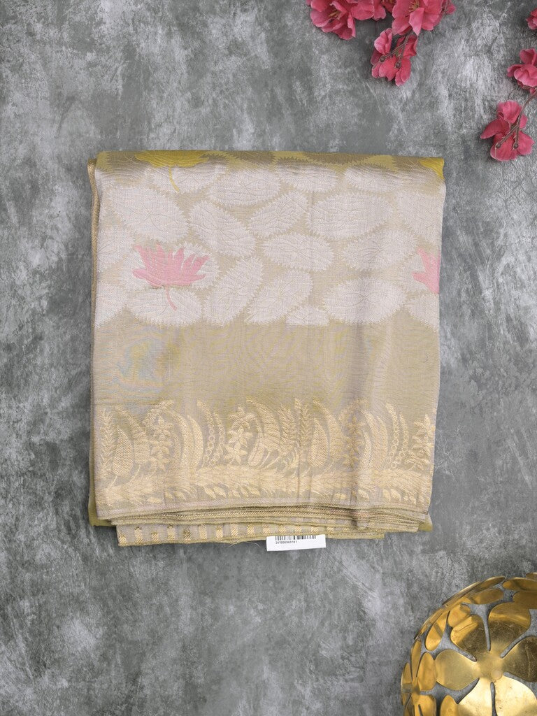 Organza crush fancy saree beige color allover plain & zari border with zari pallu and plain blouse