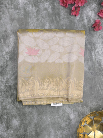 Organza crush fancy saree beige color allover plain & zari border with zari pallu and plain blouse