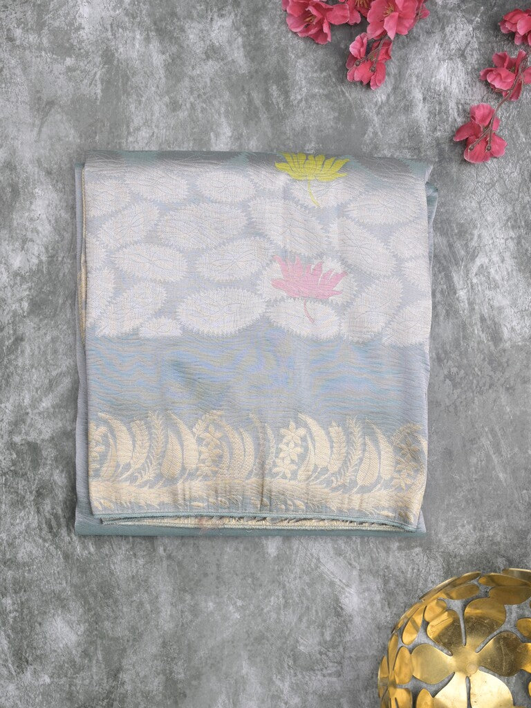 Organza crush fancy saree bluish grey color allover plain & zari border with zari pallu and plain blouse