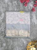Organza crush fancy saree bluish grey color allover plain & zari border with zari pallu and plain blouse