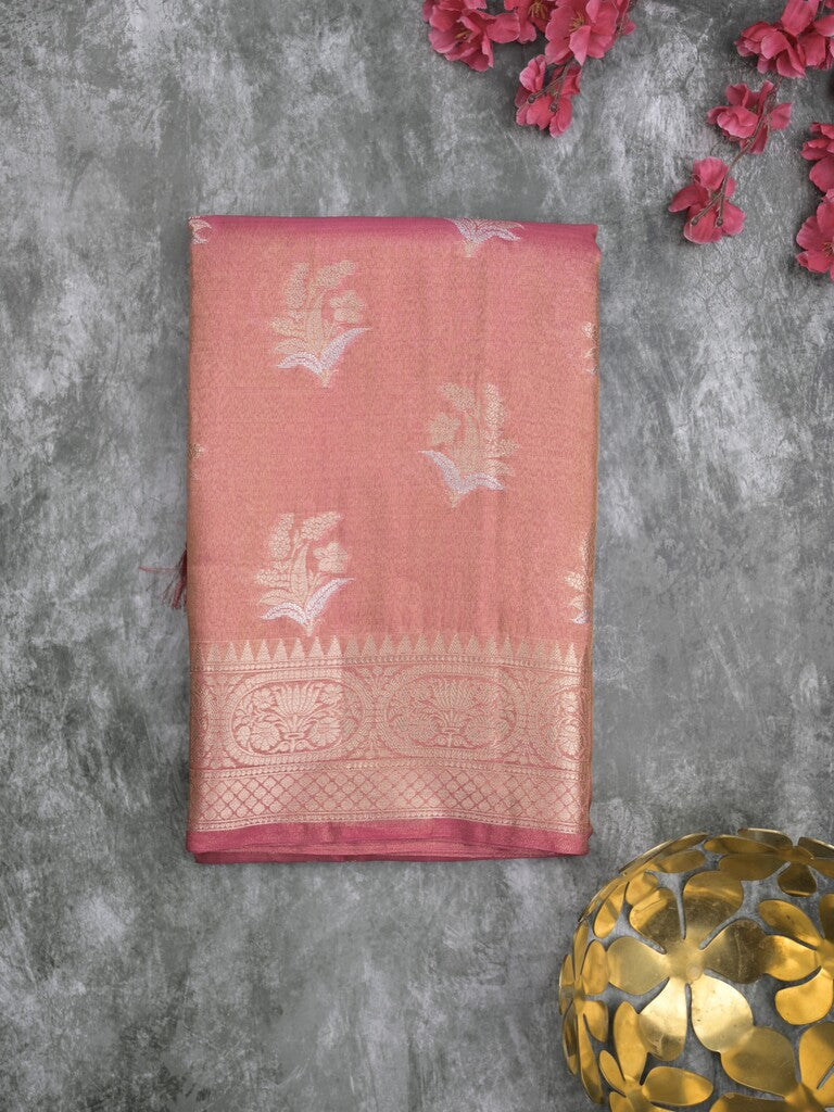 Kora tissue fancy saree baby pink color allover zari motifs & zari border with brocade pallu and brocade blouse