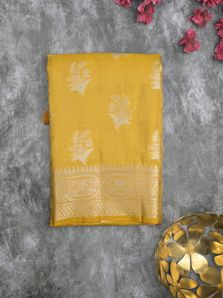 Kora tissue fancy saree golden yellow color allover zari motifs & zari border with brocade pallu and brocade blouse