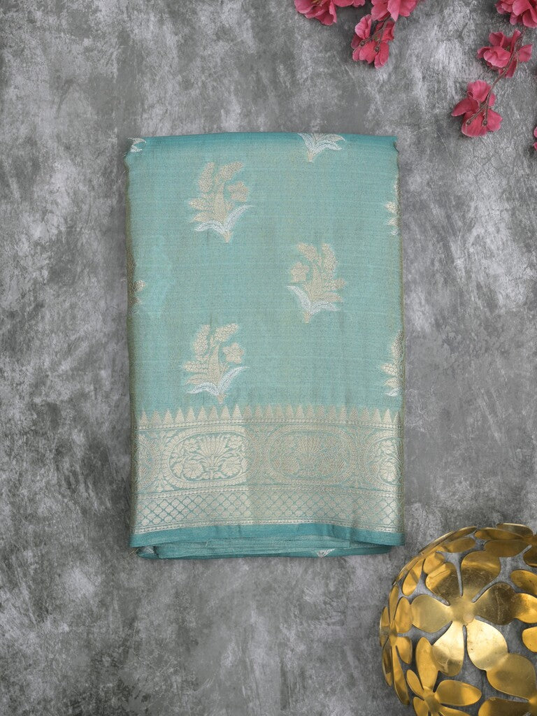 Kora tissue fancy saree light blue color allover zari motifs & zari border with brocade pallu and brocade blouse