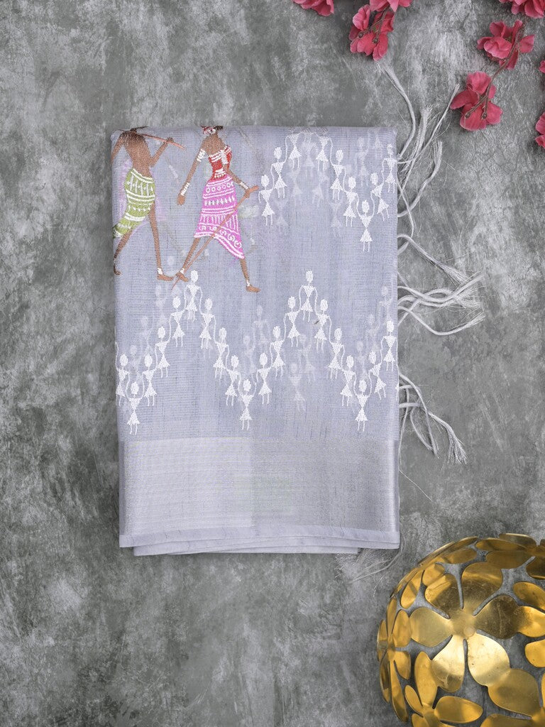 Chanderi tissue fancy saree pastel blue color allover embroidery & zari border with short pallu and plain blouse