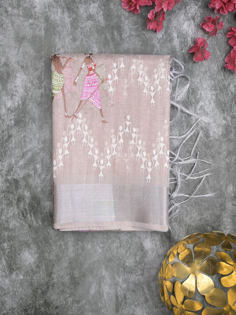 Chanderi tissue fancy saree light peach color allover embroidery & zari border with short pallu and plain blouse