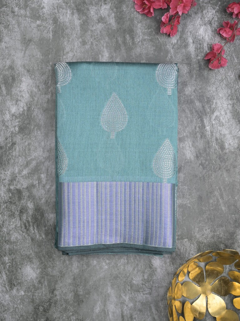 Chanderi fancy saree sky blue color allover zari motifs & zari border with short pallu and attached blouse