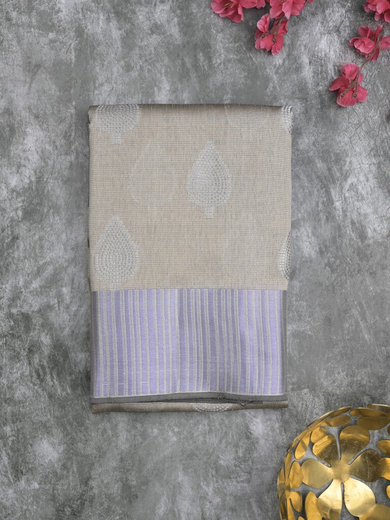 Chanderi fancy saree light grey color allover zari motifs & zari border with short pallu and attached blouse
