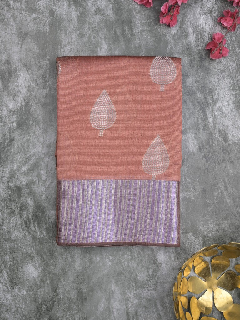 Chanderi fancy saree peach color allover zari motifs & zari border with short pallu and attached blouse