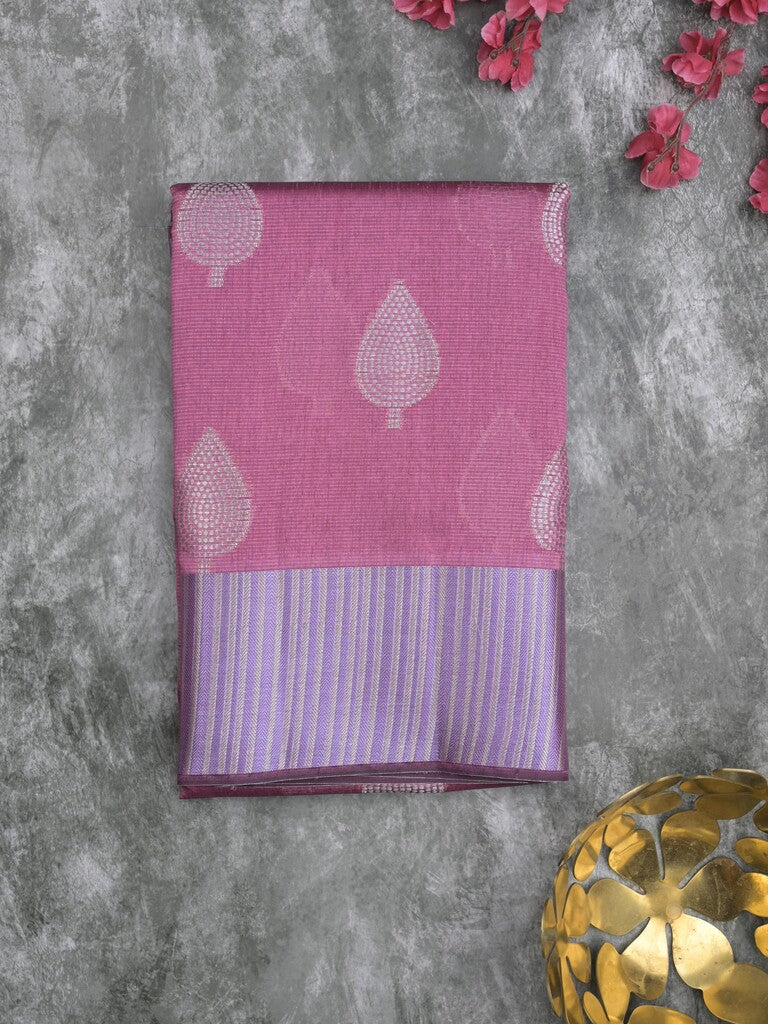 Chanderi fancy saree rose pink color allover zari motifs & zari border with short pallu and attached blouse