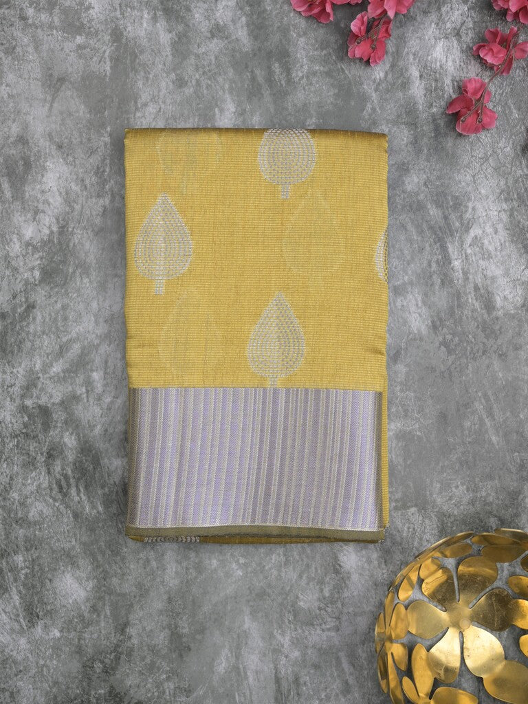 Chanderi fancy saree golden yellow color allover zari motifs & zari border with short pallu and attached blouse