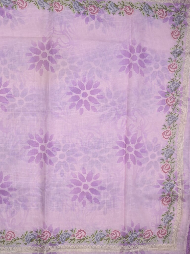 Silk kota fancy saree light lavender color allover prints & fancy embroidery border with running pallu and printed blouse