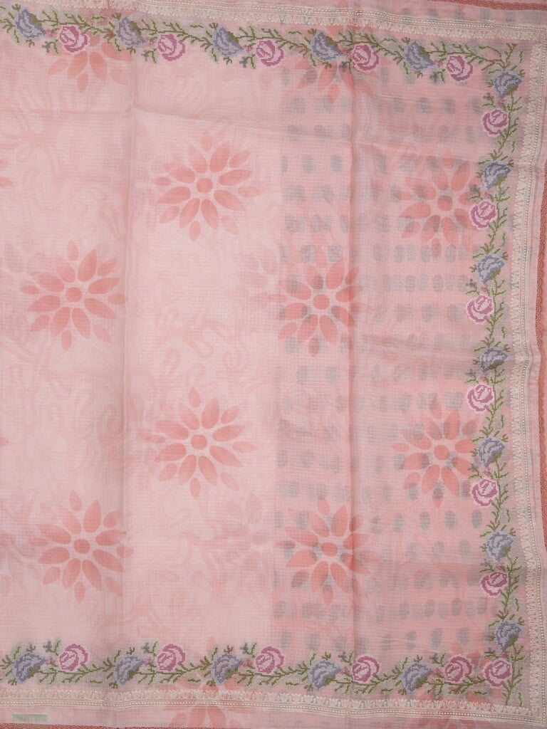 Silk kota fancy saree baby pink color allover prints & fancy embroidery border with running pallu and printed blouse