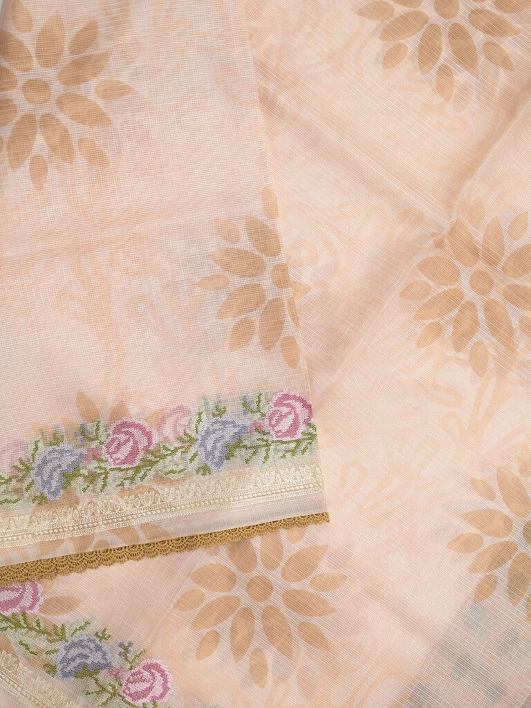 Silk kota fancy saree light peach color allover prints & fancy embroidery border with running pallu and printed blouse