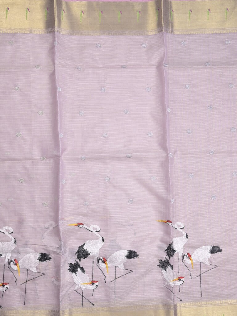 Silk kota fancy saree light lavender color allover embroidery motifs & zari border with zari pallu and attached plain blouse