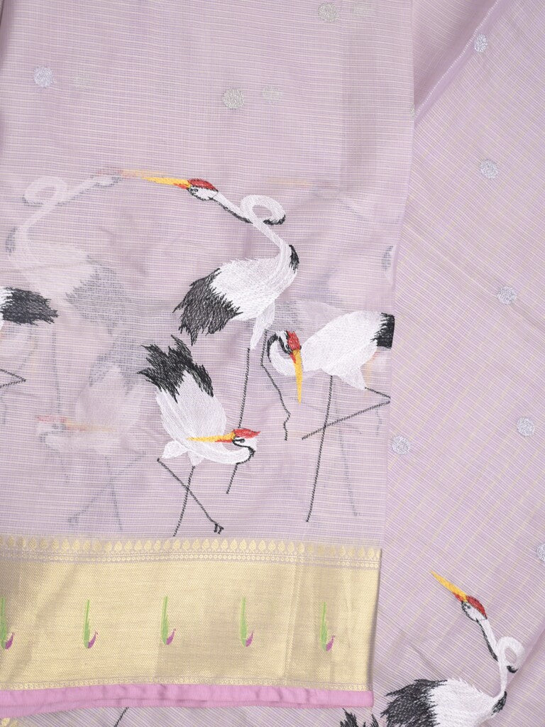 Silk kota fancy saree light lavender color allover embroidery motifs & zari border with zari pallu and attached plain blouse