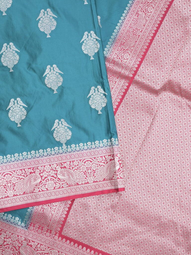 Mashru silk fancy Saree in sky blue color allover zari motifs with Zari Border & Contrast Blouse
