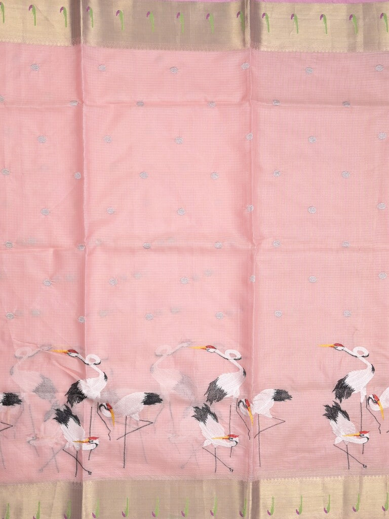 Silk kota fancy saree baby pink color allover embroidery motifs & zari border with zari pallu and attached plain blouse