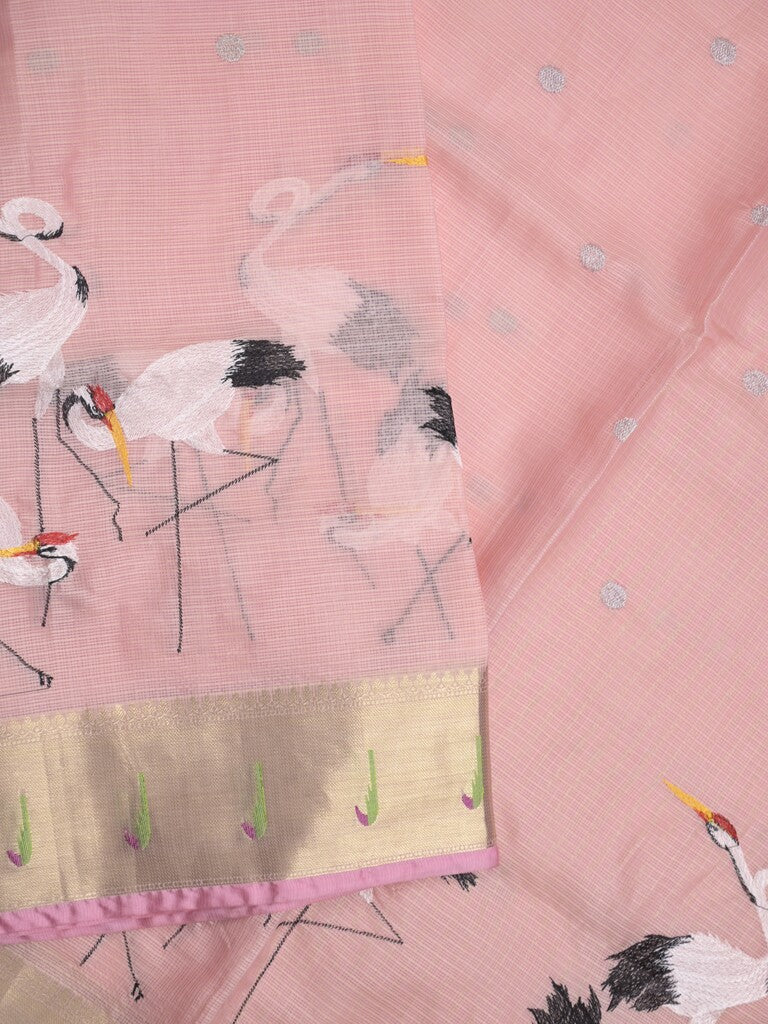 Silk kota fancy saree baby pink color allover embroidery motifs & zari border with zari pallu and attached plain blouse