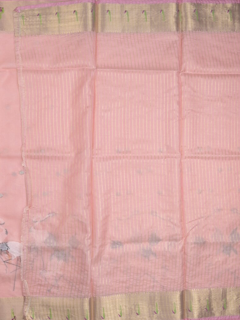 Silk kota fancy saree baby pink color allover embroidery motifs & zari border with zari pallu and attached plain blouse