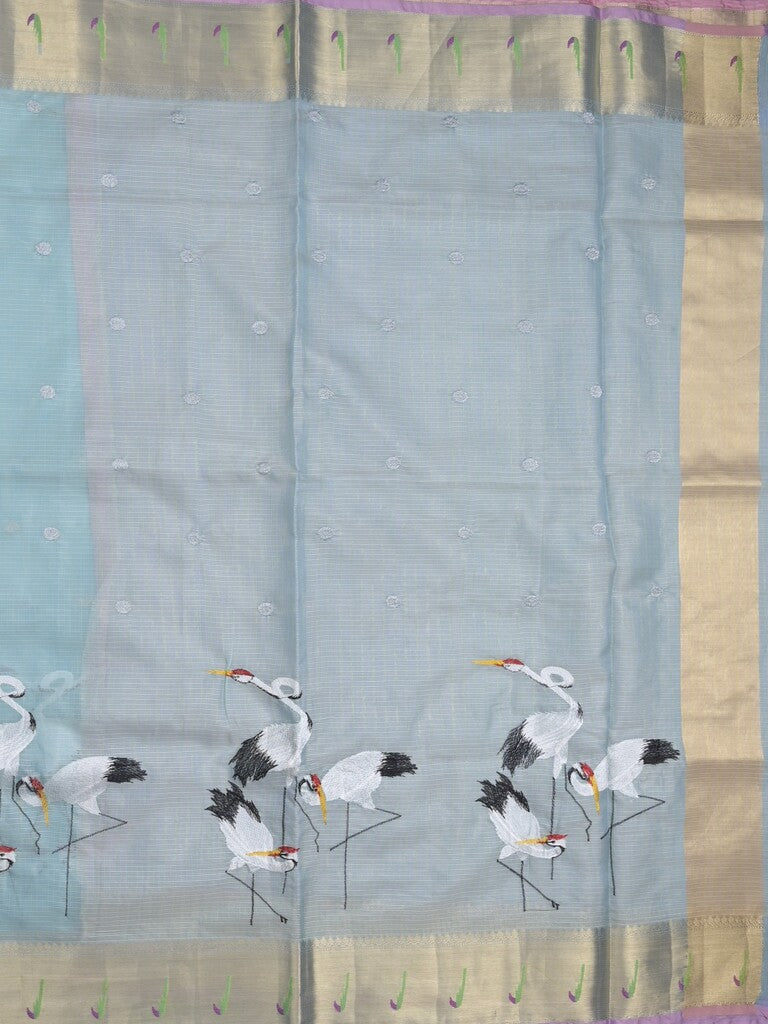 Silk kota fancy saree light blue color allover embroidery motifs & zari border with zari pallu and attached plain blouse
