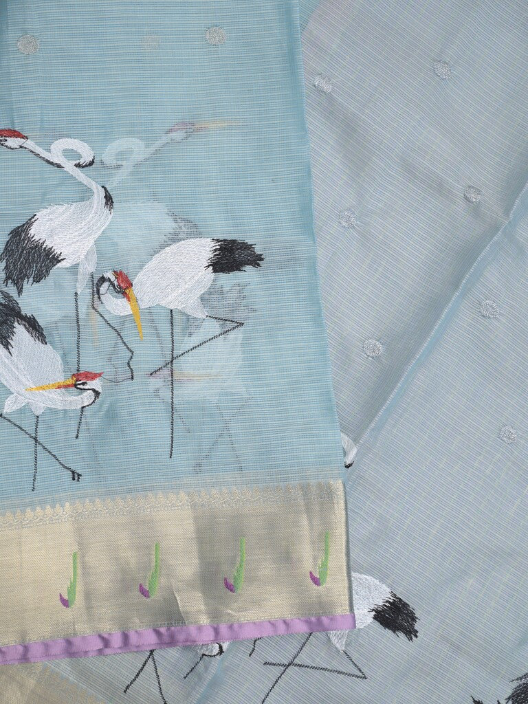 Silk kota fancy saree light blue color allover embroidery motifs & zari border with zari pallu and attached plain blouse
