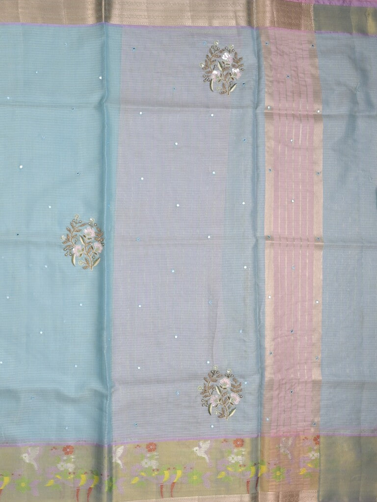 Silk kota fancy saree light lavender color allover embroidery motifs & zari border with zari pallu and attached plain blouse Copy