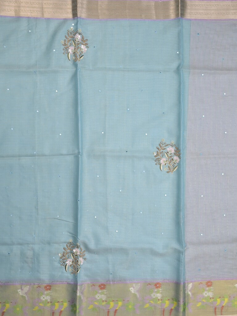 Silk kota fancy saree light lavender color allover embroidery motifs & zari border with zari pallu and attached plain blouse Copy