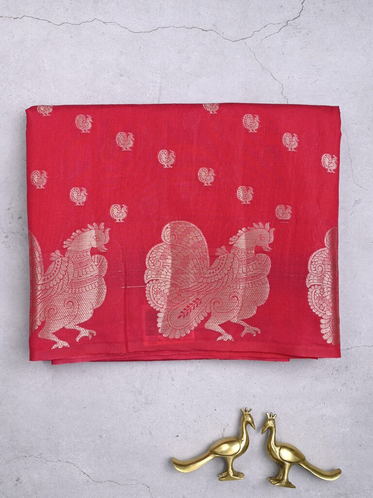 Green mango fancy saree dark pink color allover zari motifs & zari border with brocade pallu and contrast blouse
