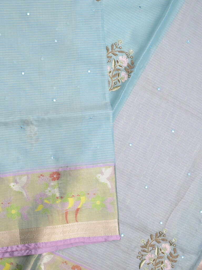 Silk kota fancy saree light lavender color allover embroidery motifs & zari border with zari pallu and attached plain blouse Copy