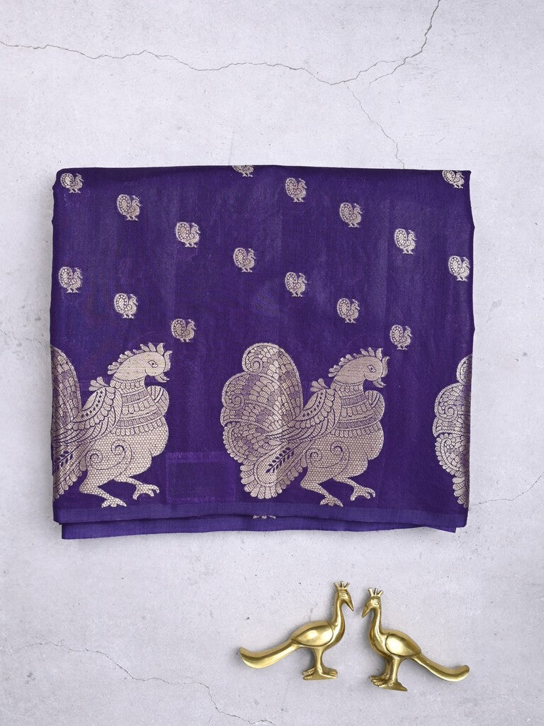 Green mango fancy saree navy blue color allover zari motifs & zari border with brocade pallu and contrast blouse