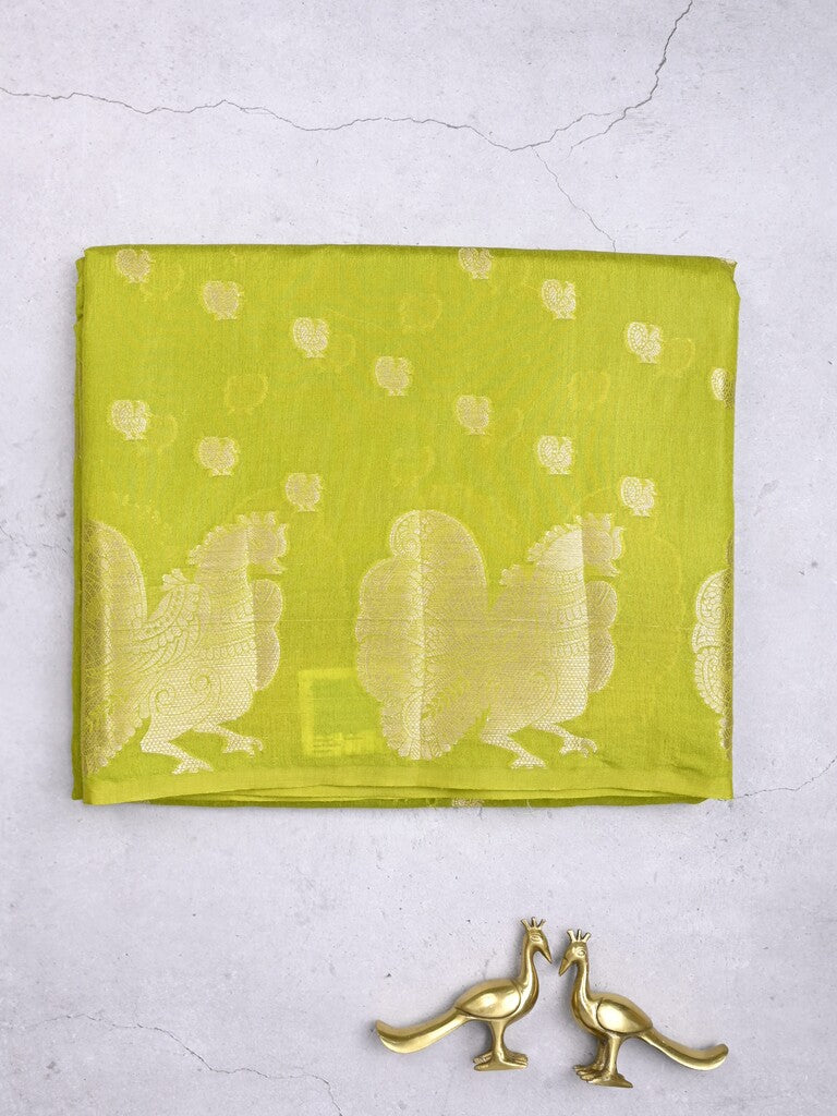 Green mango fancy saree parrot green color allover zari motifs & zari border with brocade pallu and contrast blouse