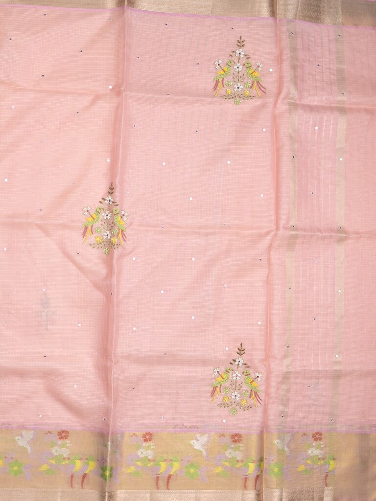 Silk kota fancy saree baby pink color allover embroidery, mirror work & zari border with running pallu and plain blouse