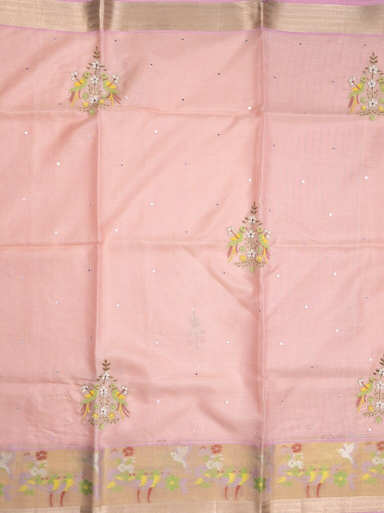 Silk kota fancy saree baby pink color allover embroidery, mirror work & zari border with running pallu and plain blouse