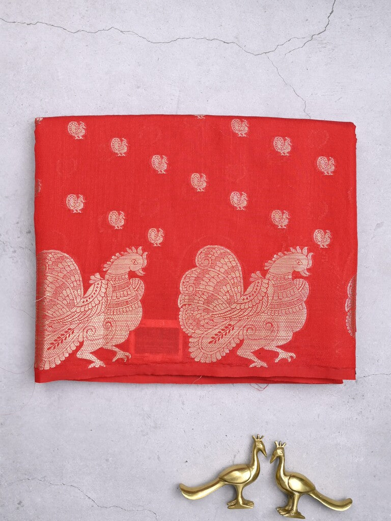 Green mango fancy saree red color allover zari motifs & zari border with brocade pallu and contrast blouse