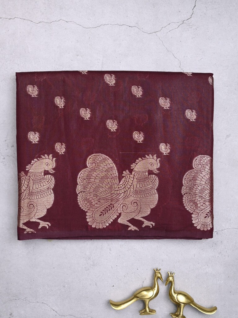 Green mango fancy saree dark brown color allover zari motifs & zari border with brocade pallu and contrast blouse
