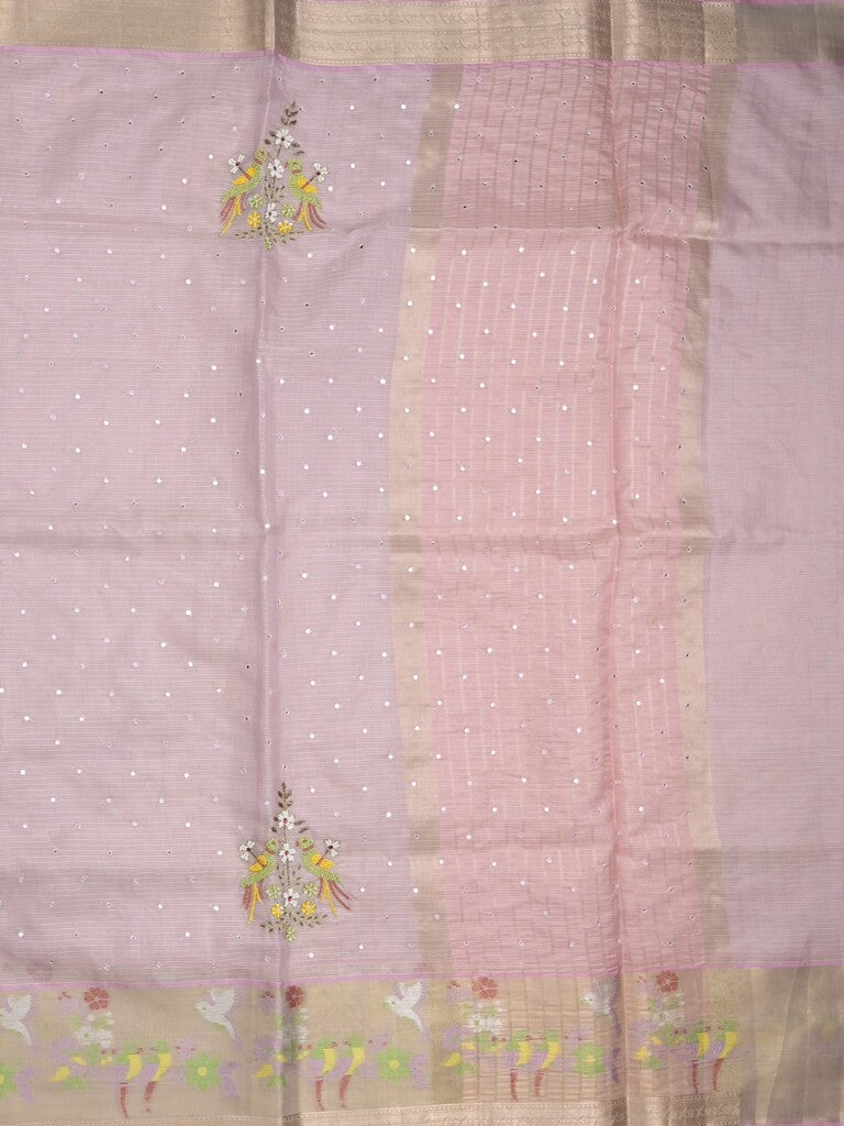 Silk kota fancy saree light pastel purple color allover embroidery, mirror work & zari border with running pallu and plain blouse