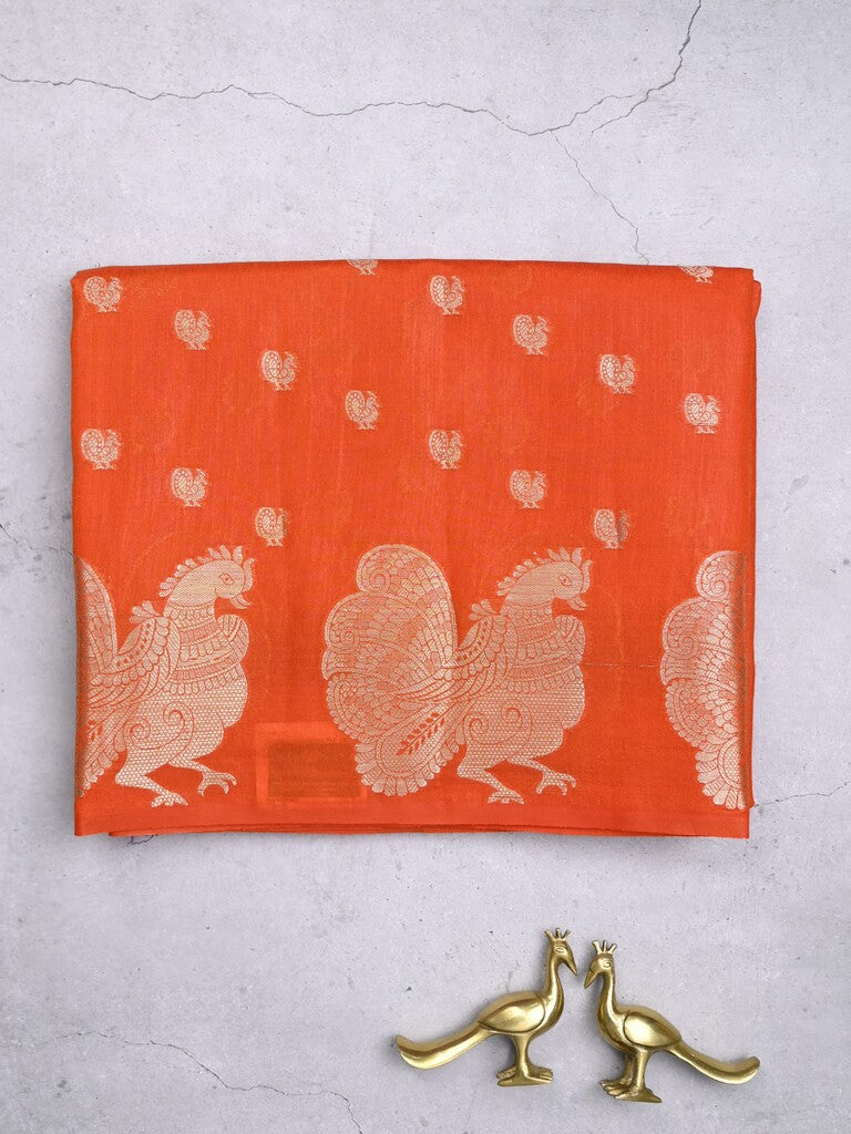 Green mango fancy saree orange color allover zari motifs & zari border with brocade pallu and contrast blouse