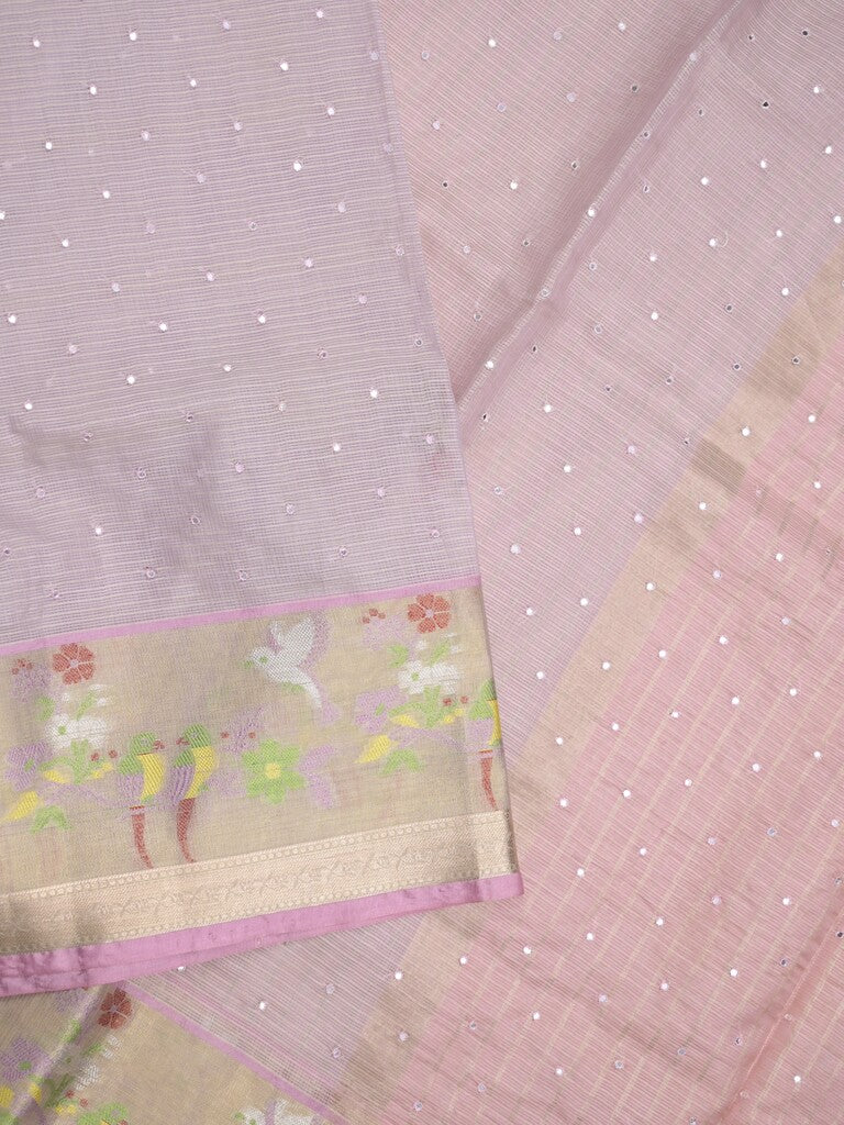Silk kota fancy saree light pastel purple color allover embroidery, mirror work & zari border with running pallu and plain blouse
