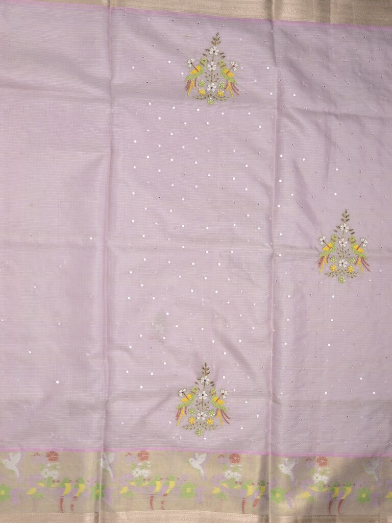 Silk kota fancy saree light pastel purple color allover embroidery, mirror work & zari border with running pallu and plain blouse