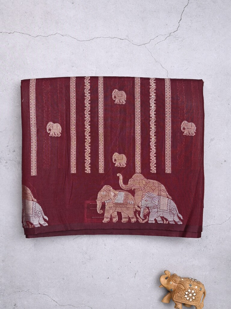 Green mango fancy saree dark brown color allover zari motifs & zari border with brocade pallu and contrast blouse