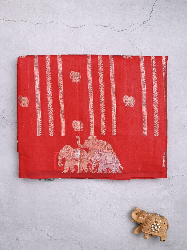 Green mango fancy saree red color allover zari motifs & zari border with brocade pallu and contrast blouse
